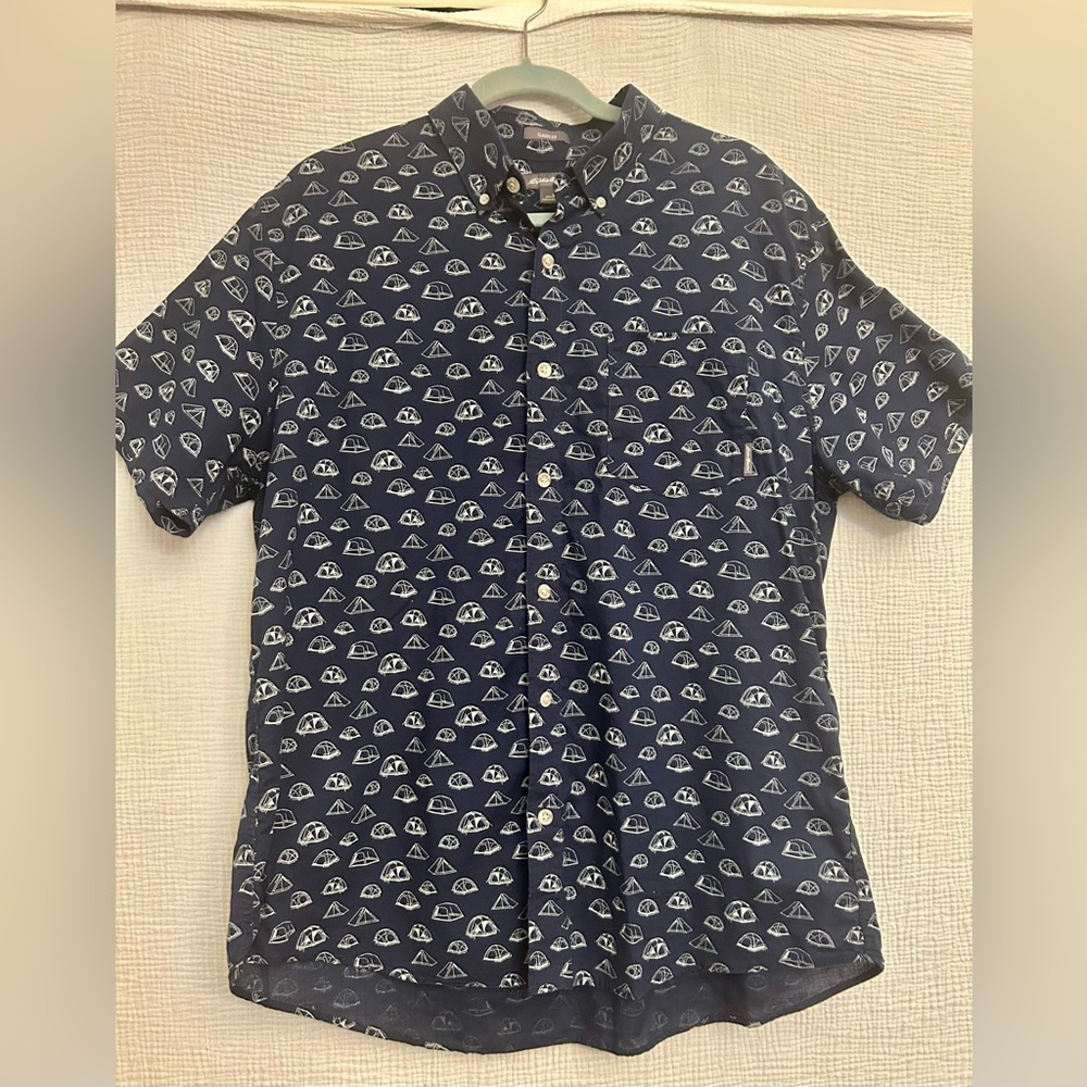Eddie Bauer Mens Navy Blue Short Sleeve Button Up Tent Print Shirt sz XL Xlarge